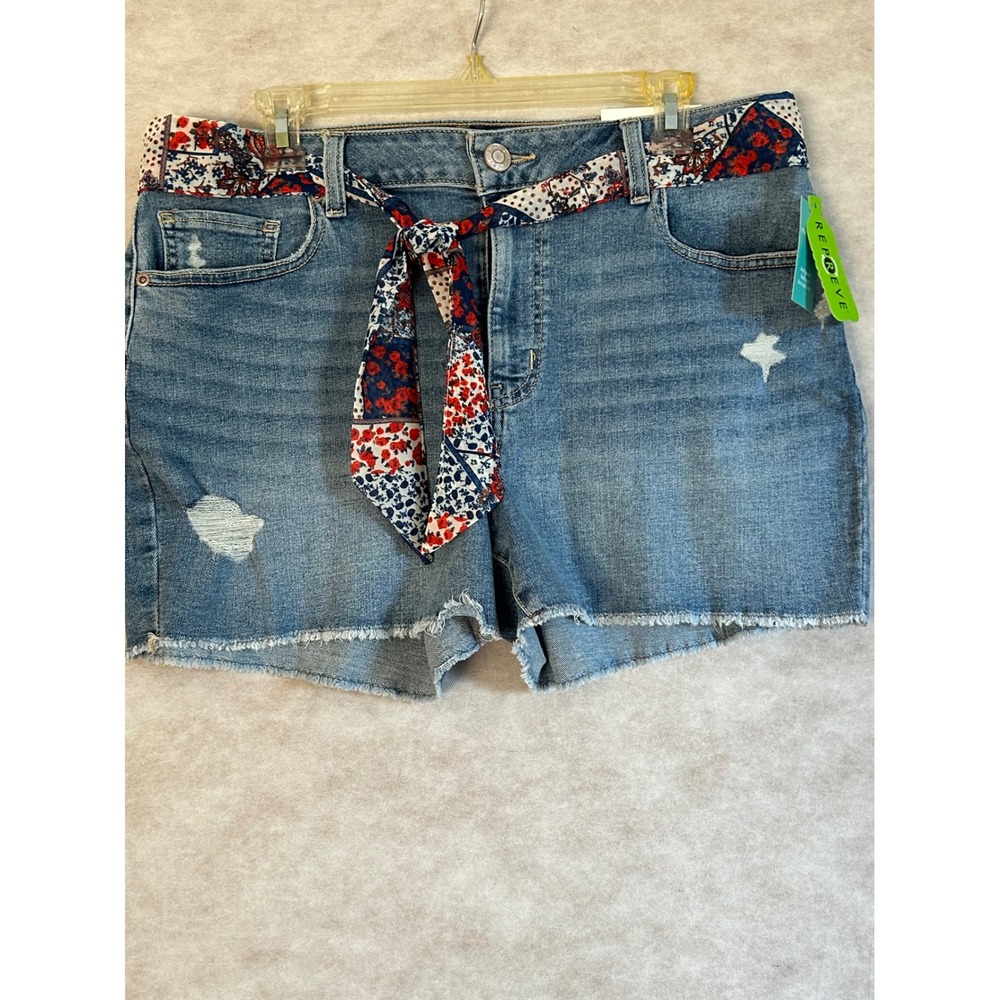 Maurices m jeans High Rise Distressed Denim Shorts with Scarf Belt Blue Size 14‎